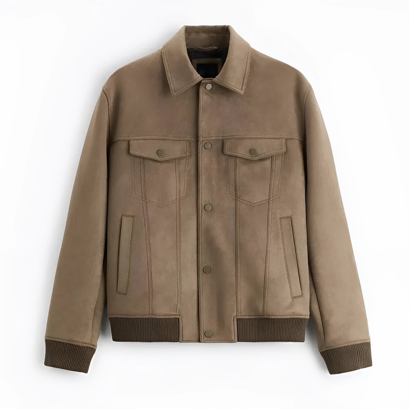 Suede velvet commuter jacket in mink colour with long sleeves, shown on a model.