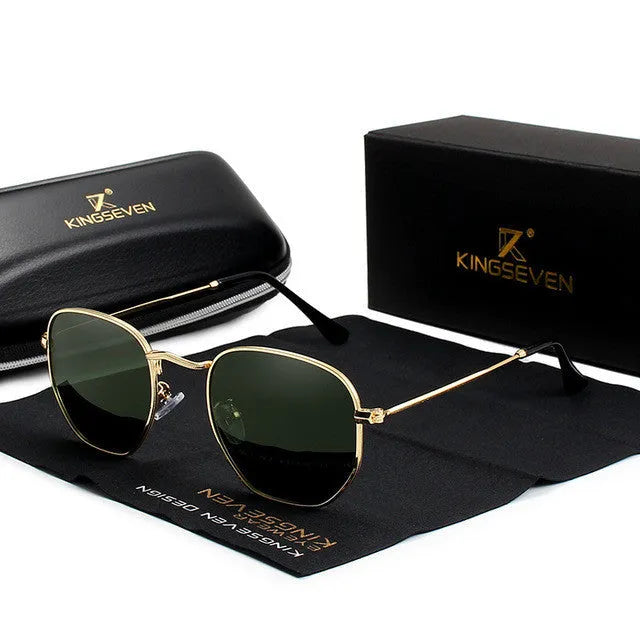 Men's round retro-style sunglasses in black frame on a grey background.