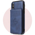 Imitation leather card wallet iPhone case showing card slots and available colour options