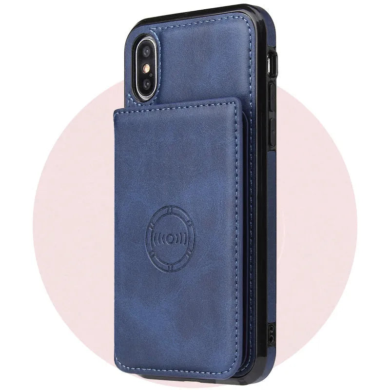 Imitation leather card wallet iPhone case showing card slots and available colour options