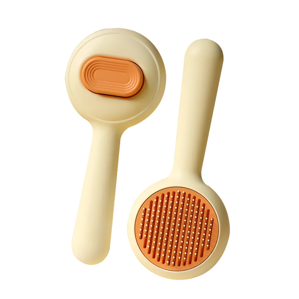 Stainless steel cat grooming brush with non-slip handle in green colour
