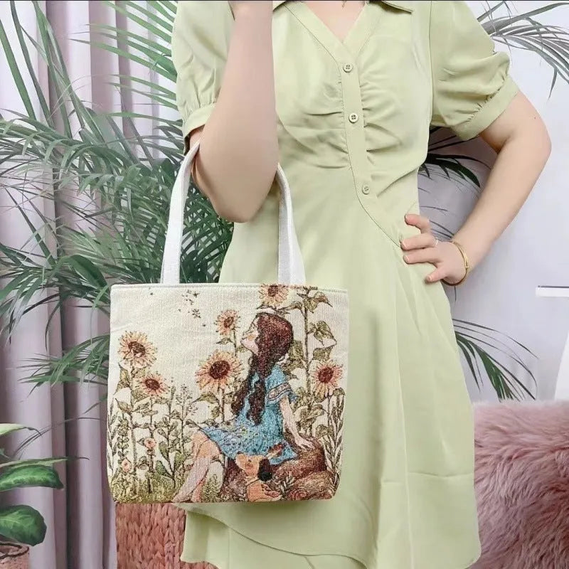 Double-sided gold wire embroidered canvas tote bag with polyester lining in medium size
