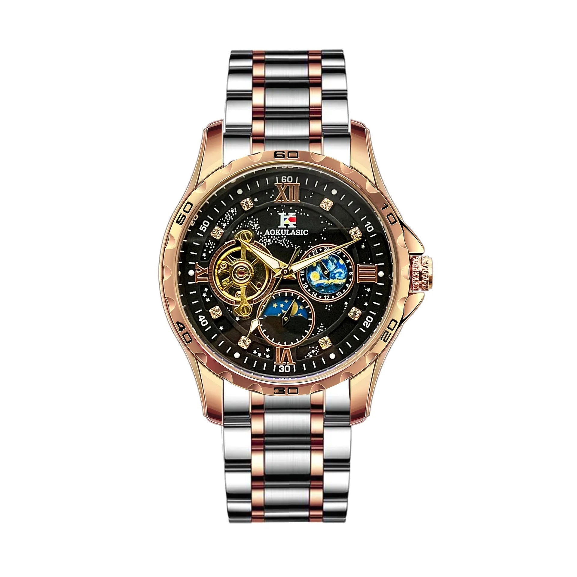 Automatic mechanical men's watch with rose gold case and black multifunctional dial