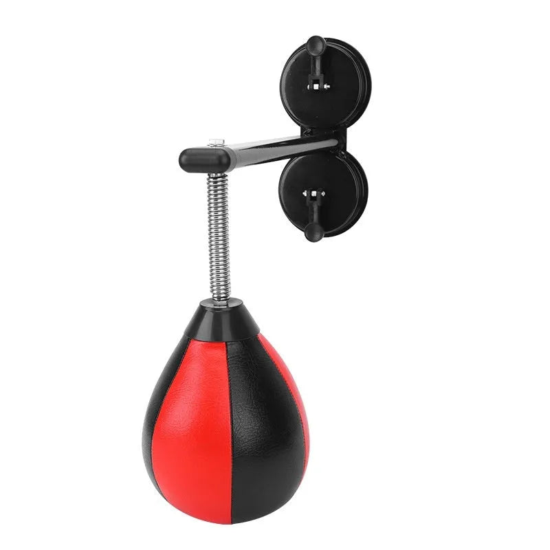 Pear-shaped boxing reaction ball with suction cup mount and pump for home training