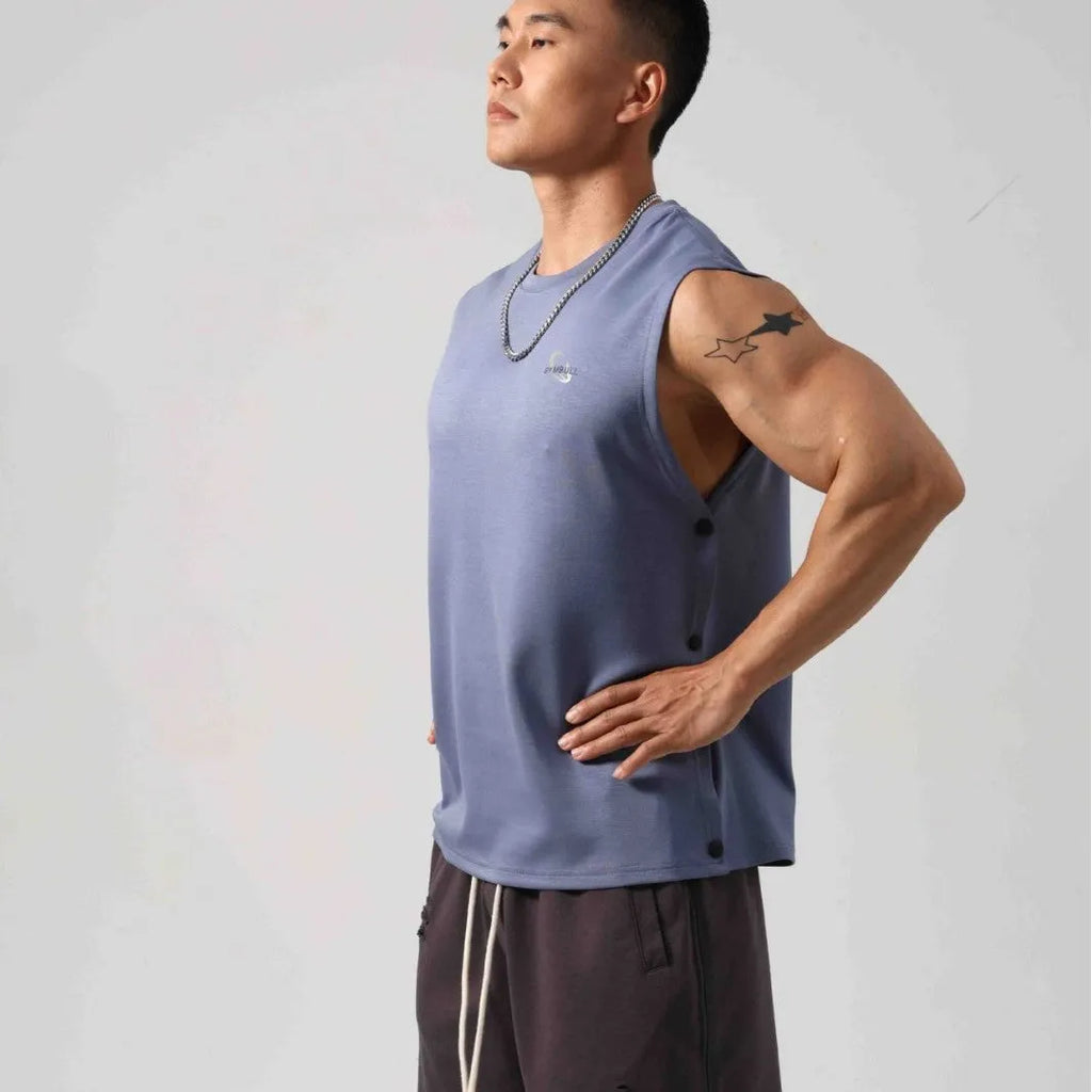 Men's Korean style loose fitness vest with hidden side hooks in solid colour