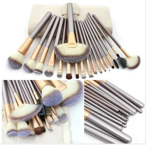 Persian makeup brush set with champagne handles and white bristles arranged in 12, 18, and 24 brush options.