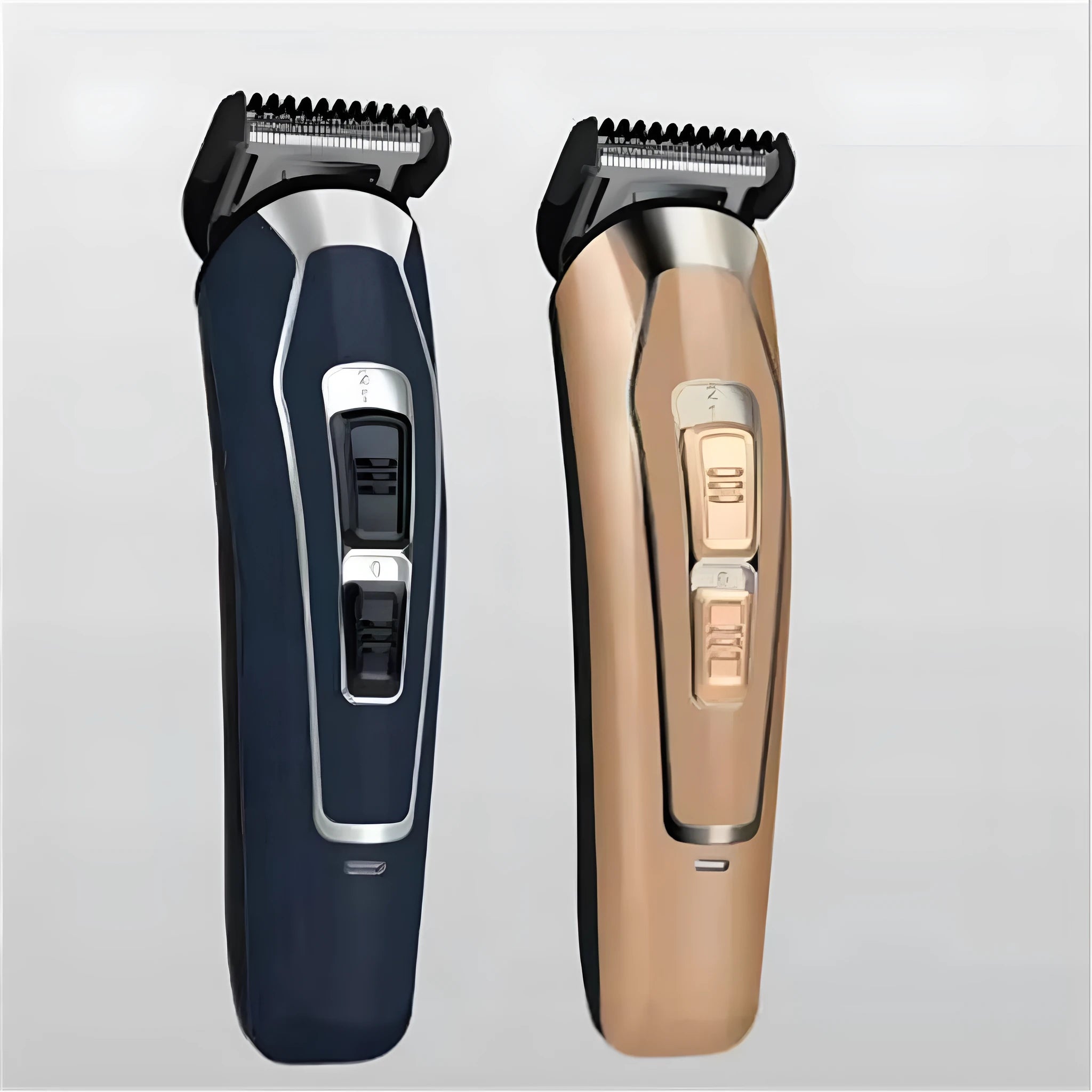 Dark blue cordless electric hair clipper with stainless steel blades on a white background.