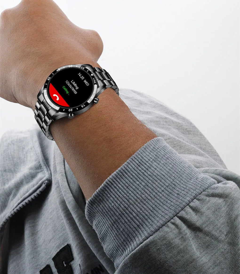 Smart watch with stainless steel band showing 1.3 inch touch screen display