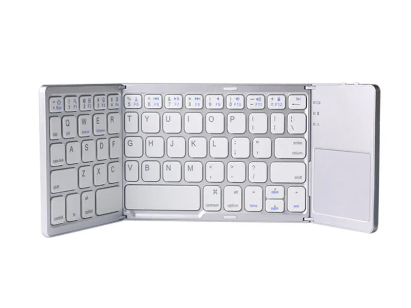 Black tri-fold folding Bluetooth keyboard with touchpad shown open and closed, next to a mobile phone.