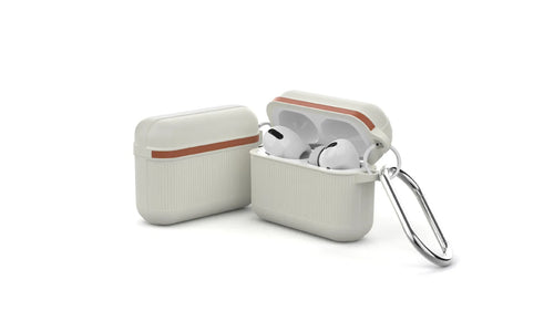 Silicone clamshell case for Apple AirPods with metal buckle, shown in a solid colour option.