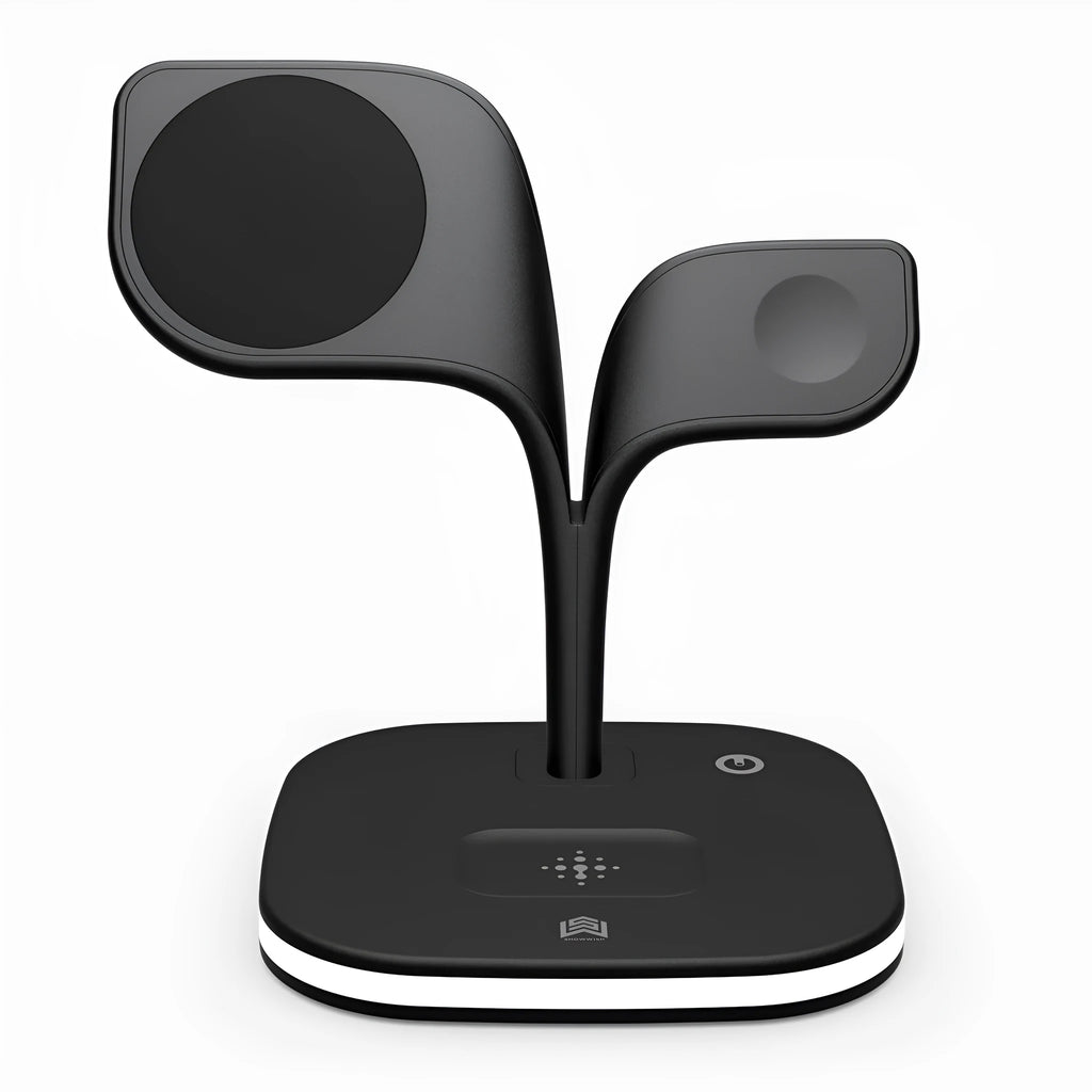Three-device wireless charging station for phone, watch and headphones on desktop