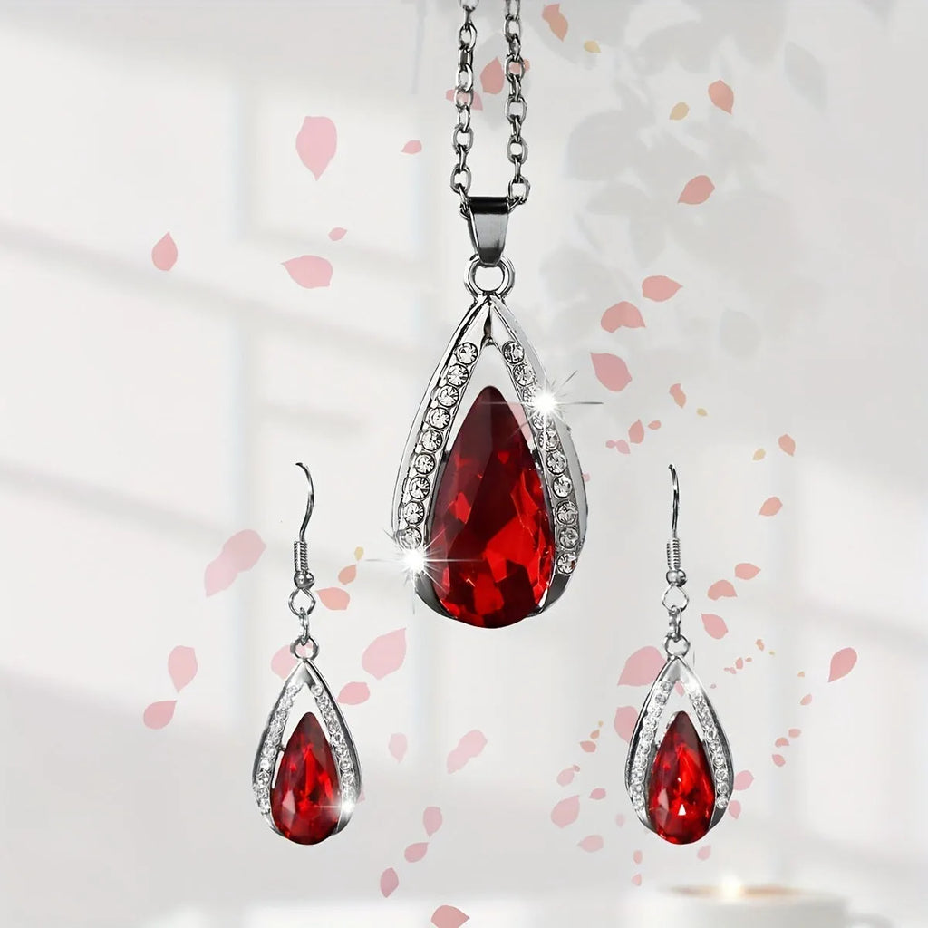Black and red teardrop glass pendant necklace with matching earrings jewellery set