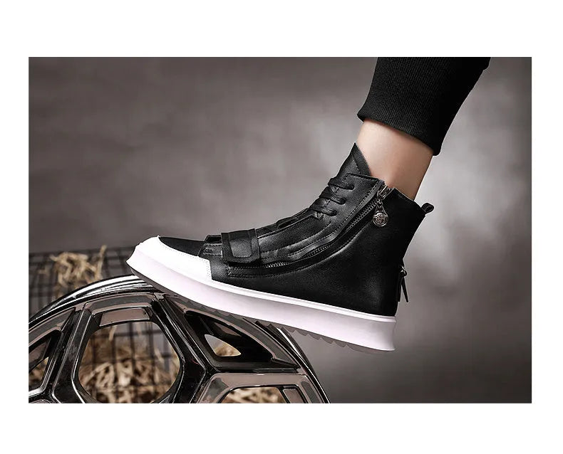 Men's black high-top ankle boot made of PU leather microfiber, shown from the side.
