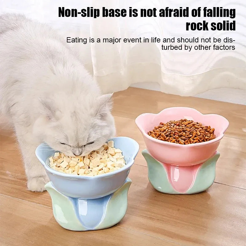 Blue floral patterned ceramic raised bowl for cats or small dogs on a non-slip base.