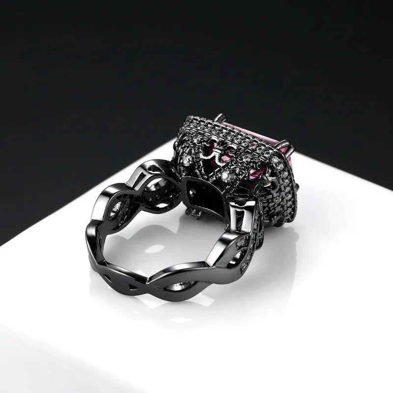 Black gold plated copper ring with pink zircon ball ornament inlay for women