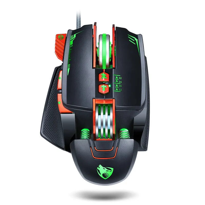 Thunder Wolf V9 wired gaming mouse in Black or Grey on a desk with USB cable