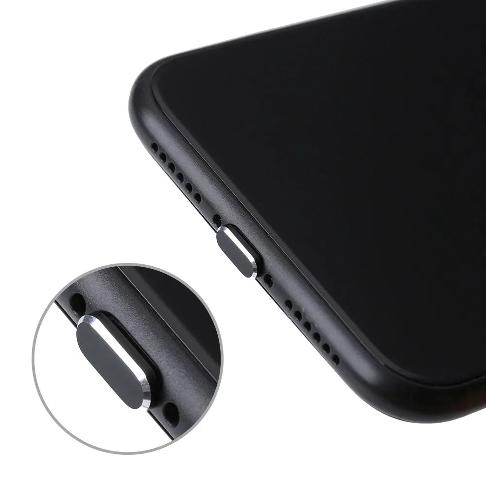 Aluminium alloy iPhone charging port dust plug in multiple colours including gold, silver, blue, red, grey, black, and rose gold.