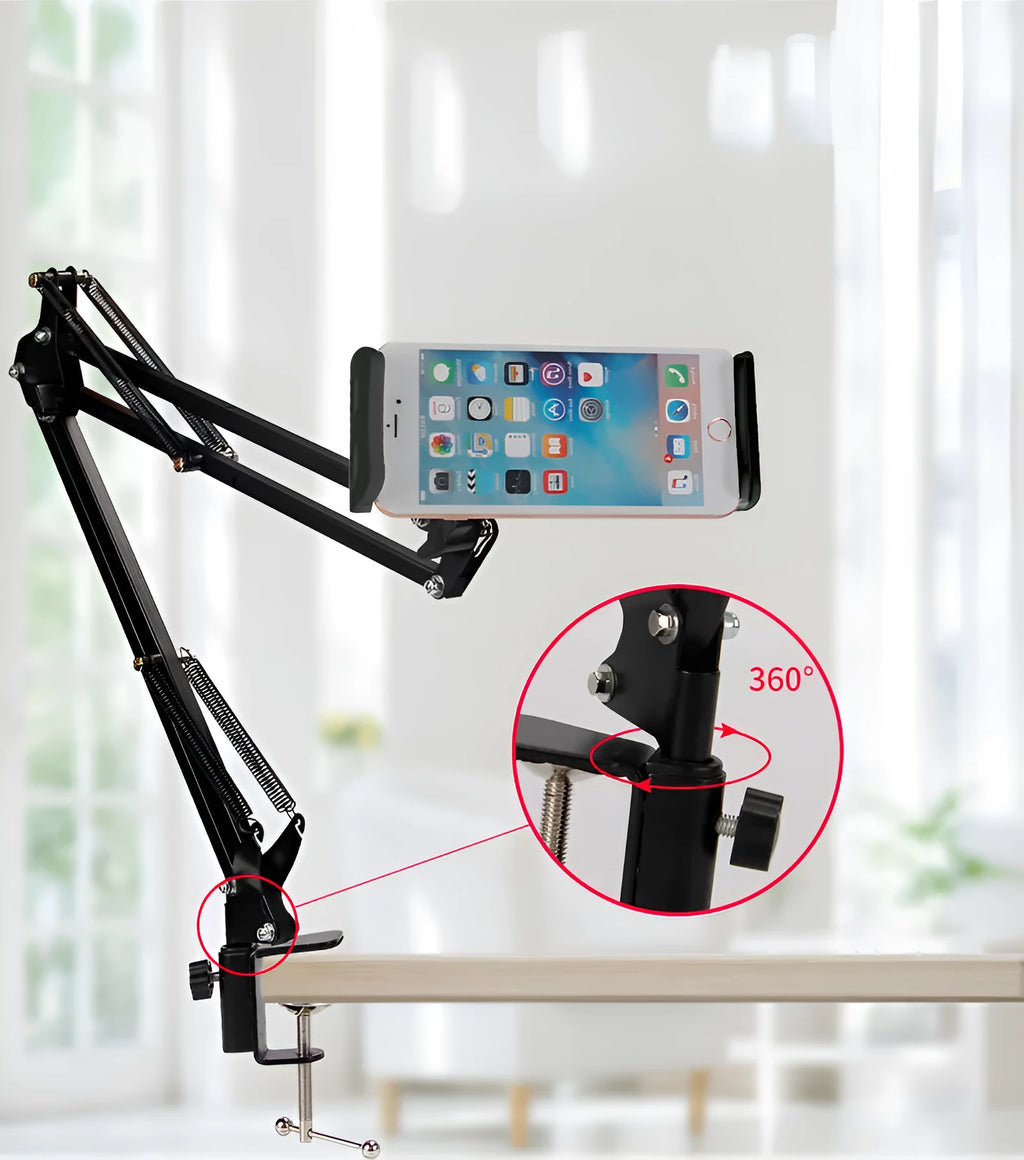 Adjustable black phone tablet stand on desktop holding mobile device at viewing angle