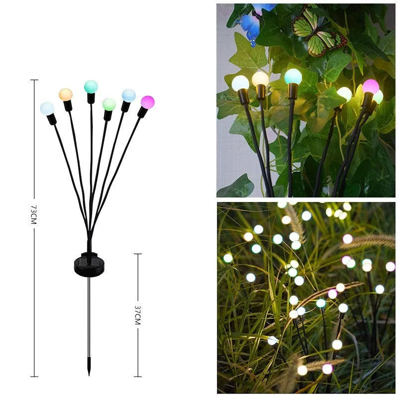 Solar-powered LED firefly ground lamp with multiple light heads for garden pathway illumination