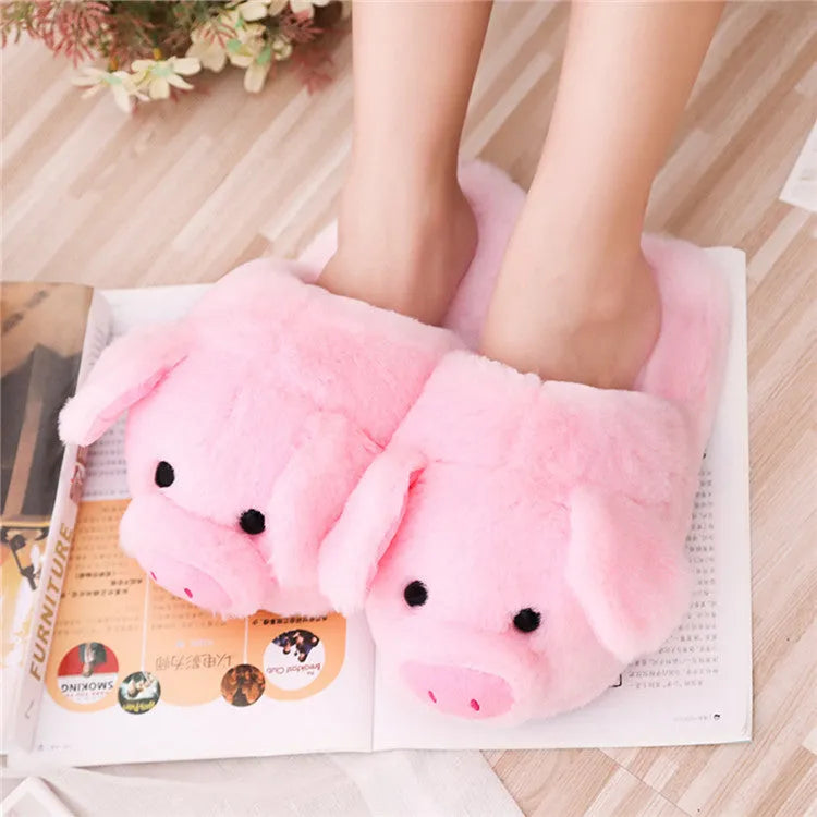 Pink pig animal design plush floor slippers for women indoor home wear