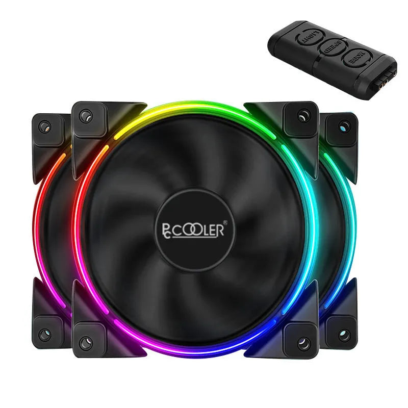 Three black 120mm RGB PC cooling fans with rotating blades and LED lighting