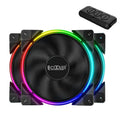 Three black 120mm RGB PC cooling fans with rotating blades and LED lighting