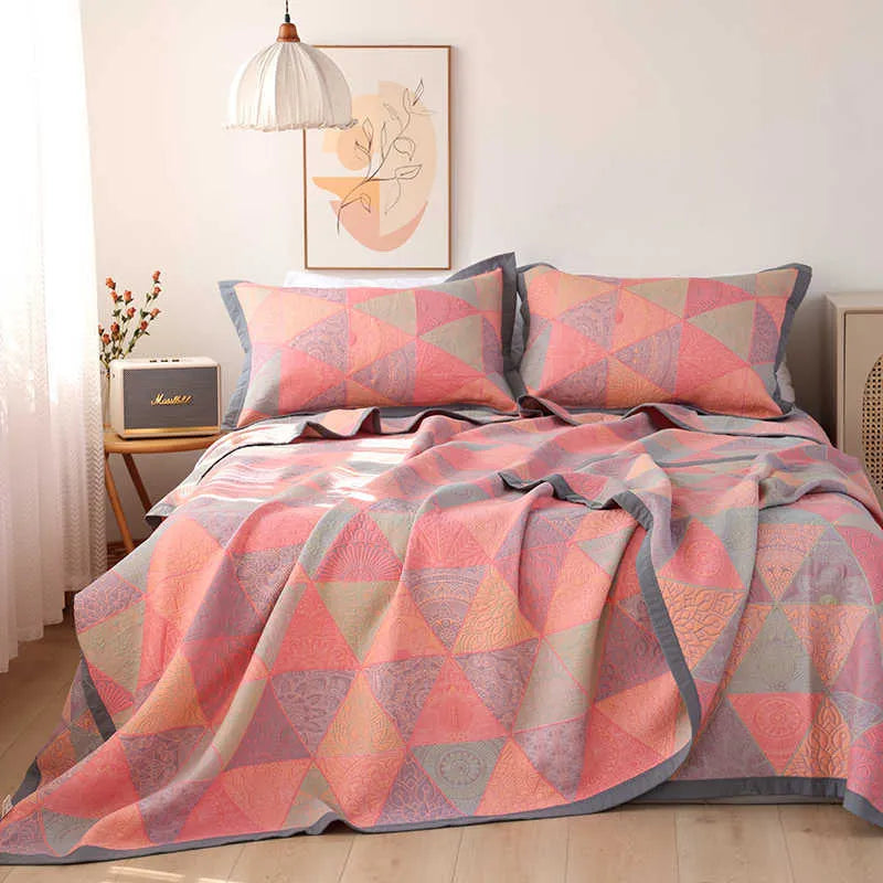 Cotton gauze bed blanket three-piece set with floral plant pattern showing blanket and two pillowcases