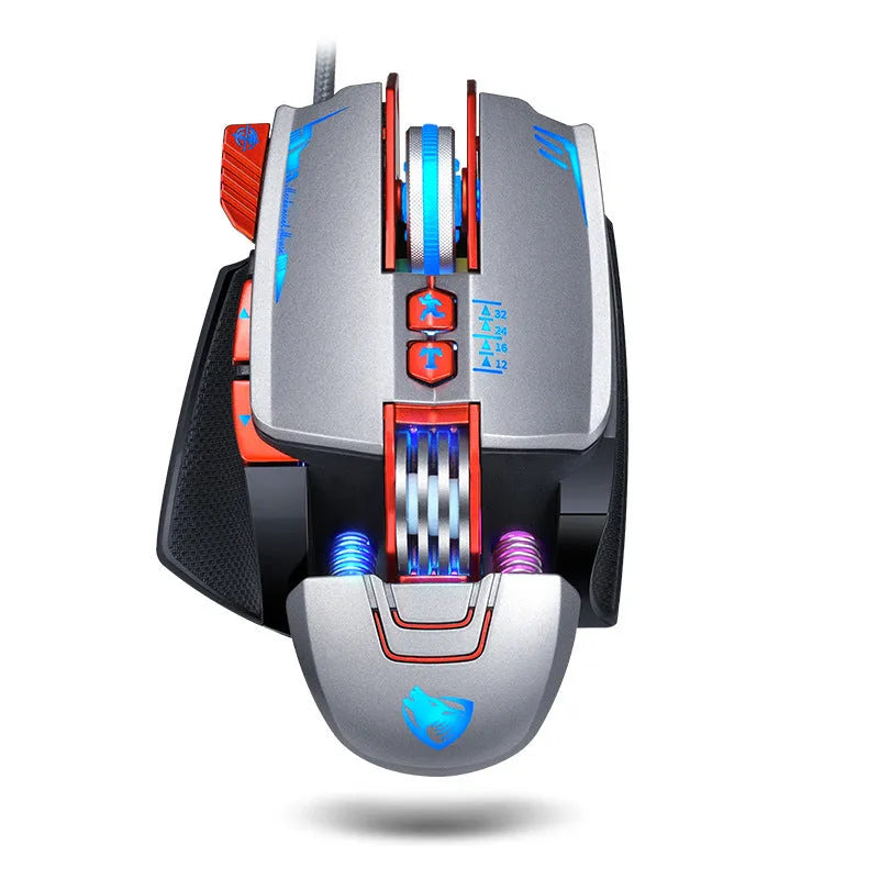 Thunder Wolf V9 wired gaming mouse in Black or Grey on a desk with USB cable