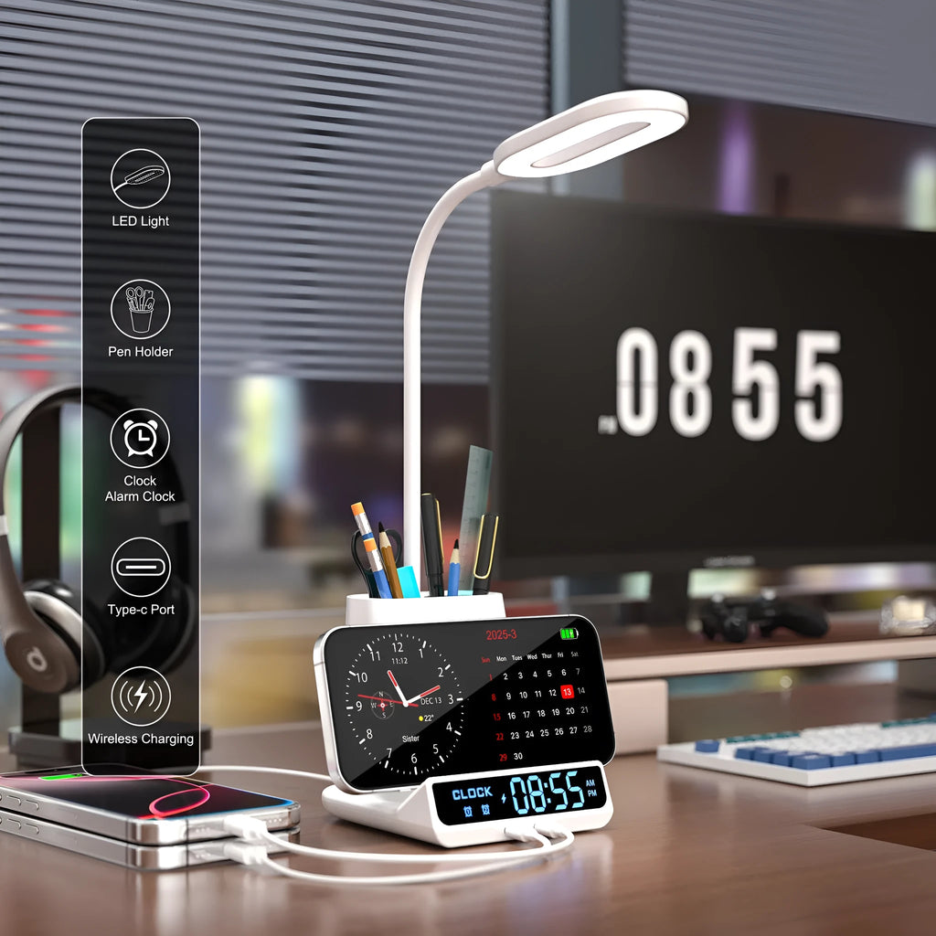 Modern black and white wireless charging desk lamp with integrated pen holder and storage box compartments.