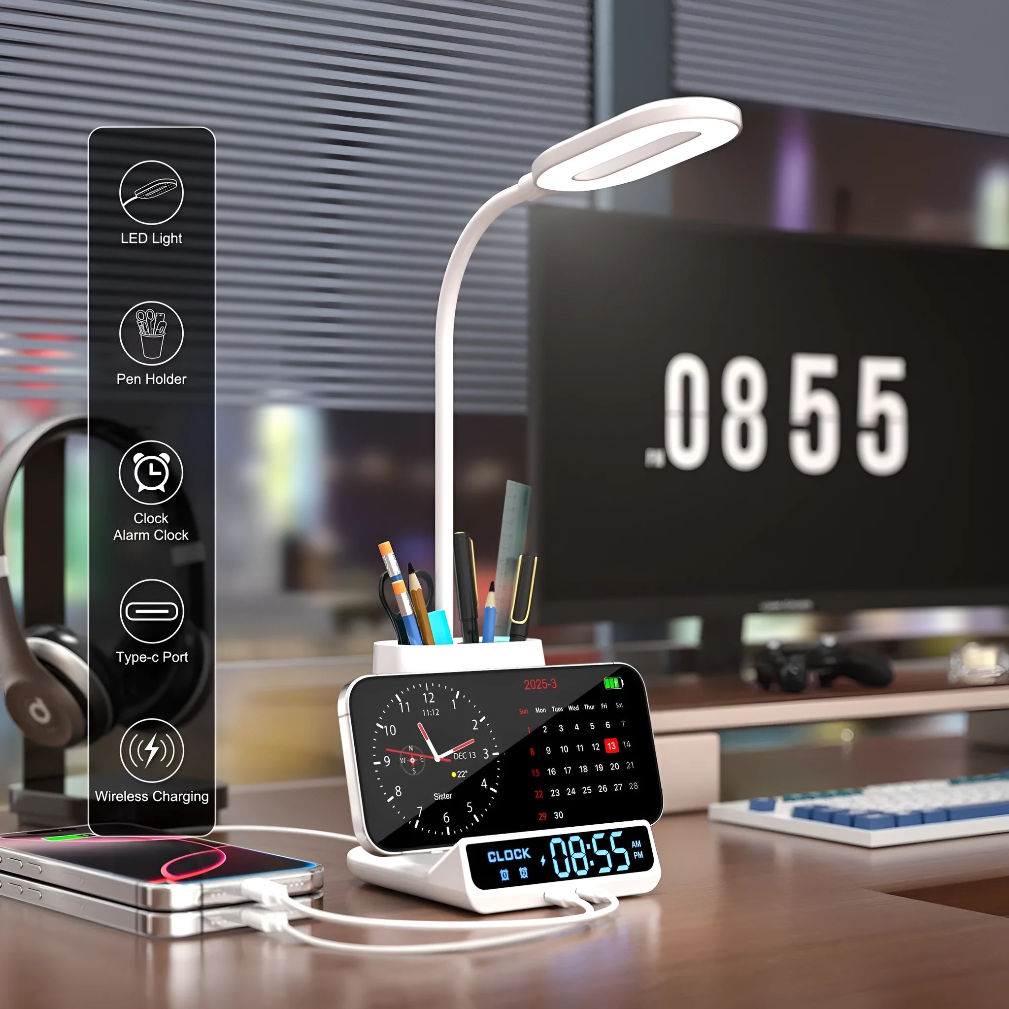 Modern black and white wireless charging desk lamp with integrated pen holder and storage box compartments.