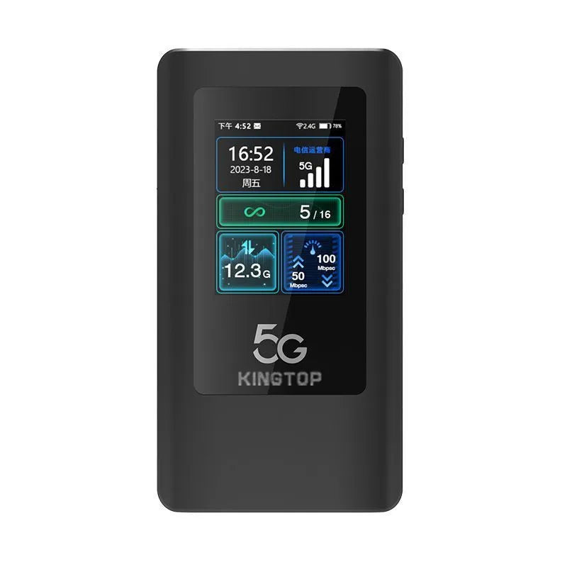Black 5G portable Wi-Fi router with LCD display and TYPE-C port