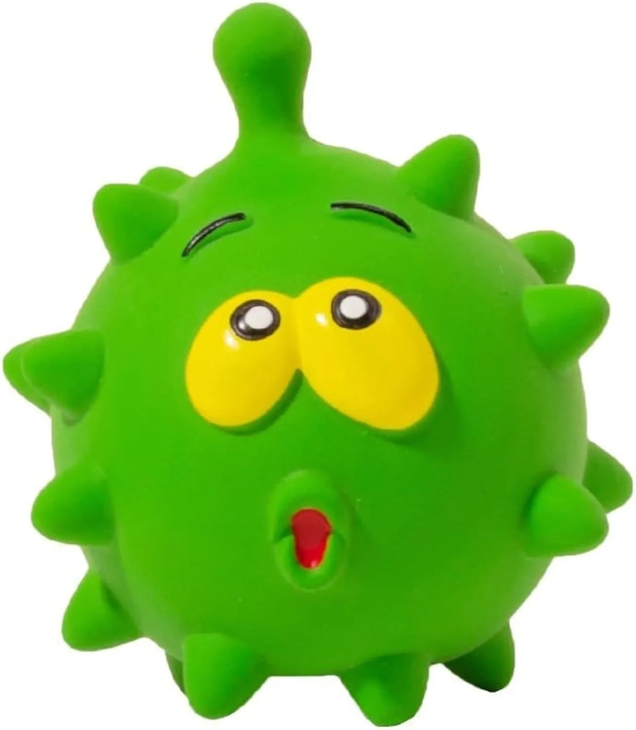 Four colourful squeaky dog balls with textured surfaces and cute faces