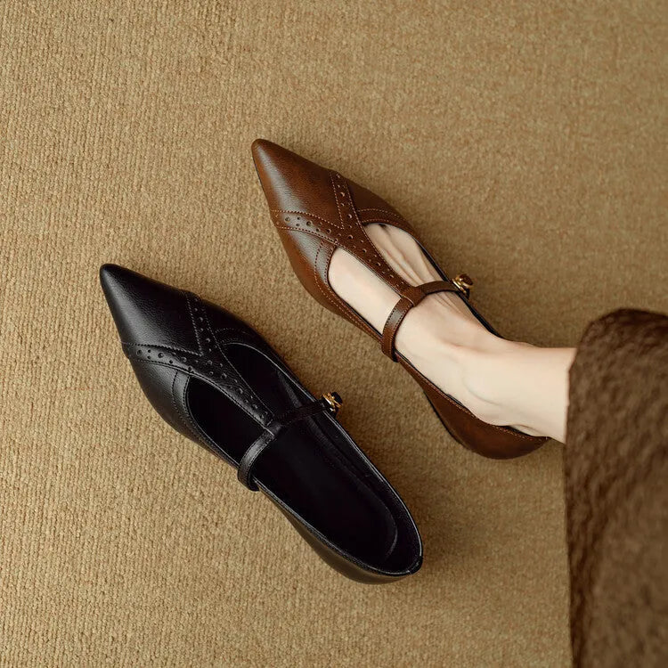 Brown women's cowhide leather flat shoes with round toe and 3-5cm mid-heel
