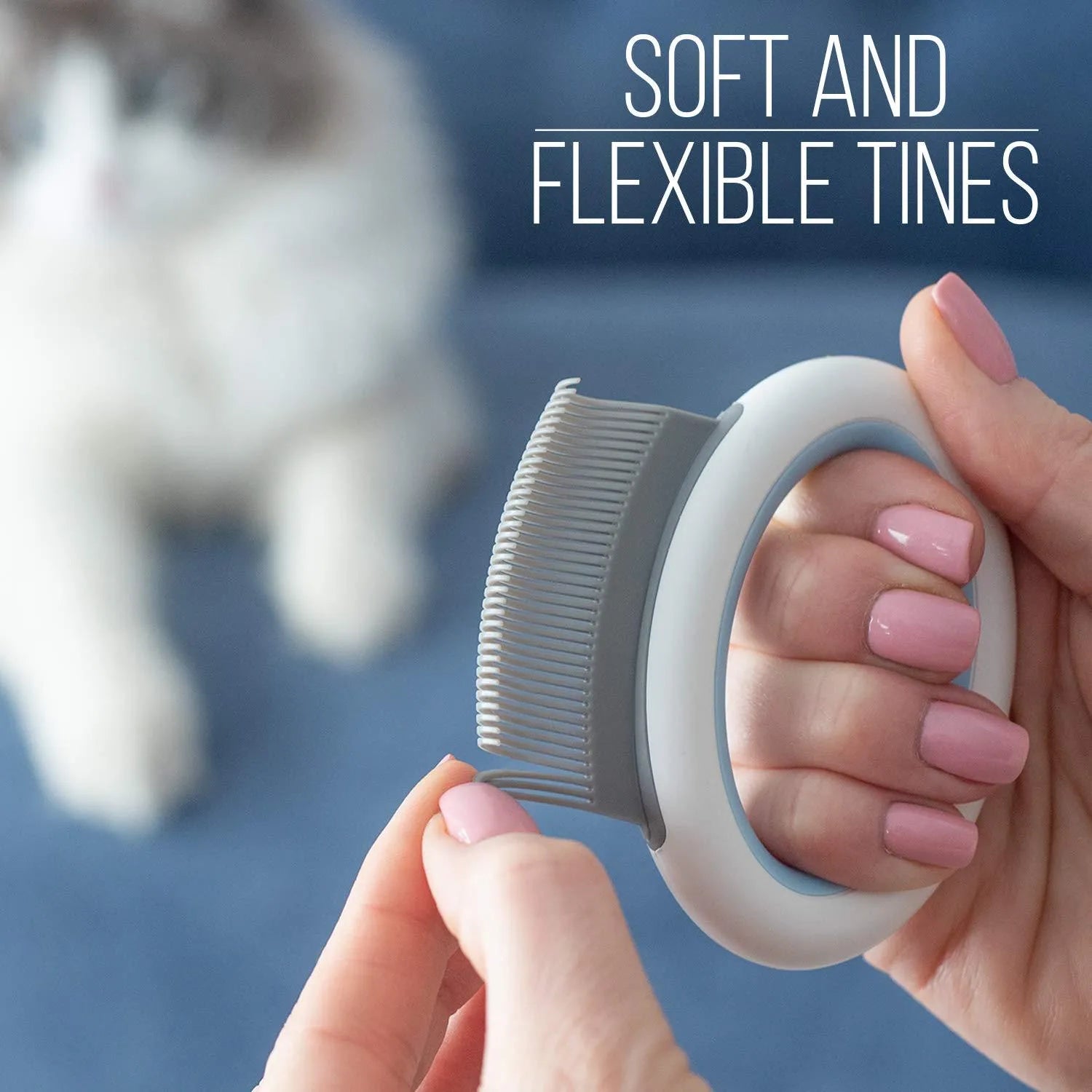 Blue pet grooming comb for deshedding and dematting cat and dog fur with ergonomic handle