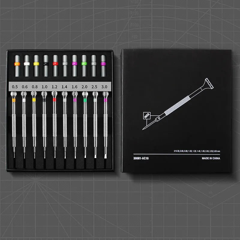 Boxed set of 10 manual screwdrivers and spare bits for watch and glasses repair.
