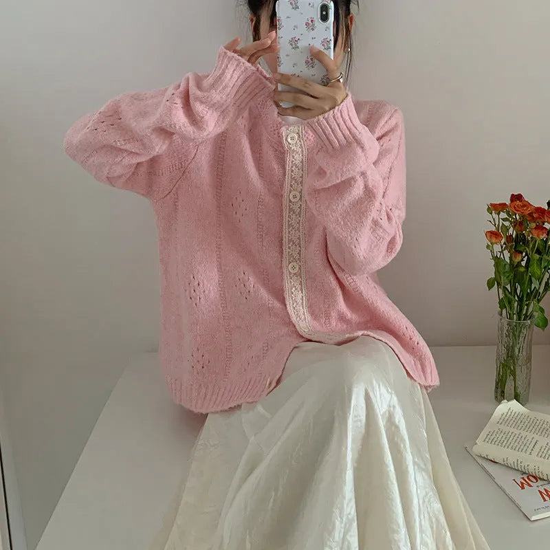 Artistic retro Korean knitwear sweater coat cardigan in viscose fibre available in four colours