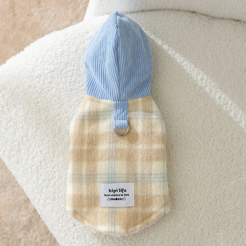 Blue corduroy chessboard grid hooded traction vest for dogs with checkered pattern and functional hood
