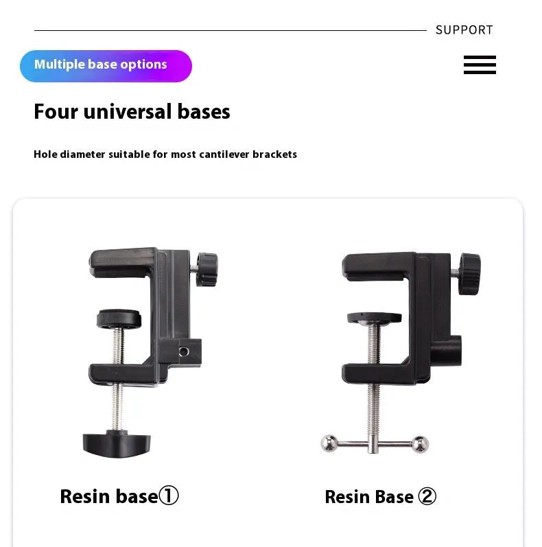 Black foldable metal cantilever bracket holding a tablet, showing its adjustable arms and clip.