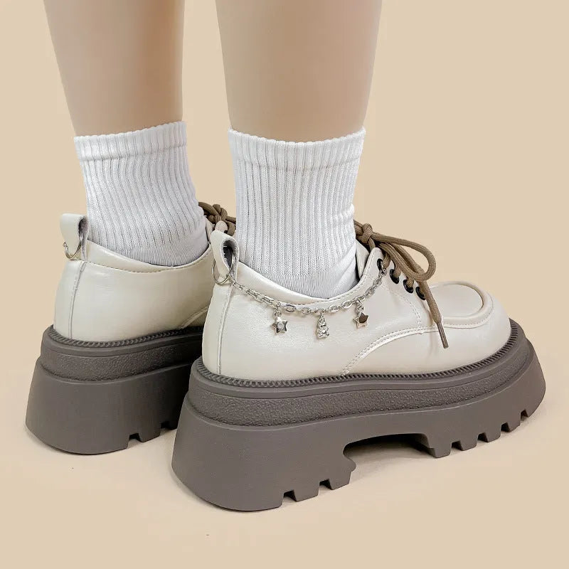 White women's Mary Jane platform shoes with chunky heel and front lace-up in XINGX Bear colour.