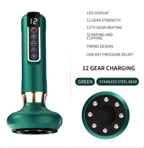 Green electric vacuum cupping massager with USB charger and instruction manual