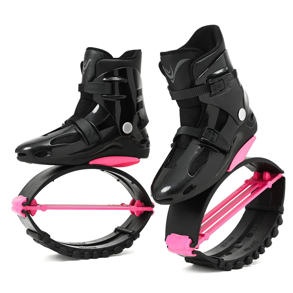 TPU bouncing shoes for sports in colours like black silver, green black, and rose pink.
