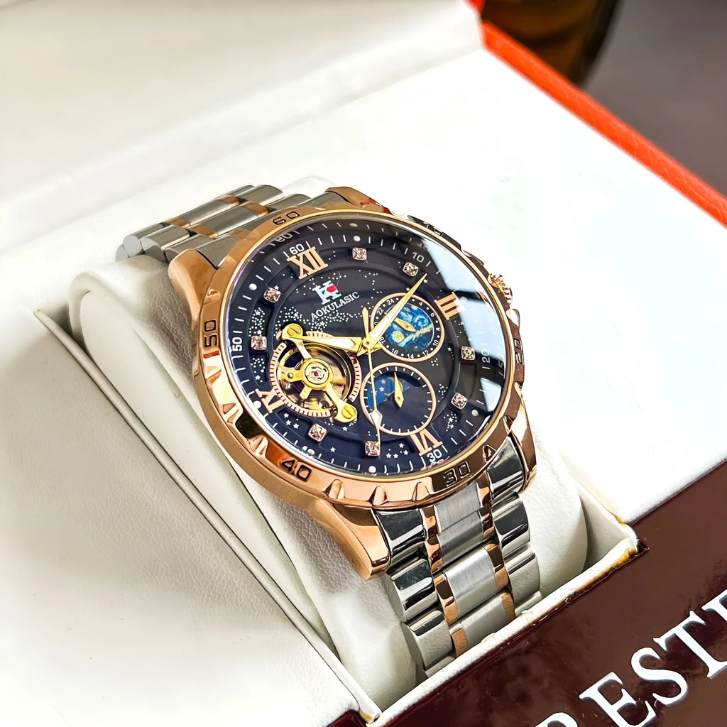 Automatic mechanical men's watch with rose gold case and black multifunctional dial