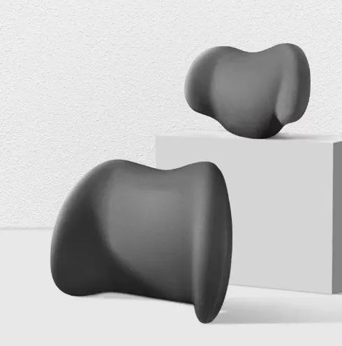 Black memory cotton car headrest cushion and lower back support cushion on a car seat.