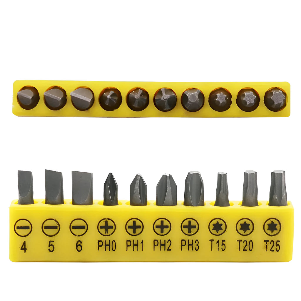 L rod double-headed socket wrench handle with a set of 10 steel drill bits laid out.