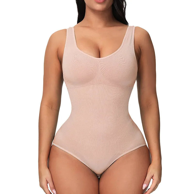 Women's seamless nylon bodysuit corset for waist support and hip lift, shown in apricot colour.