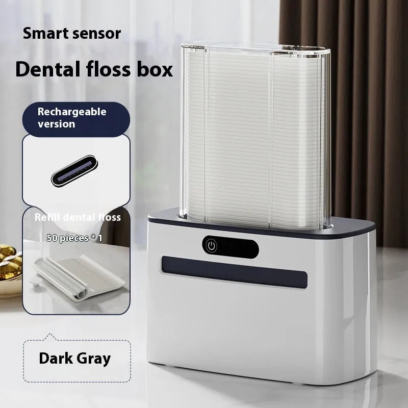 Dark grey automatic electric dental floss box with rechargeable battery and floss refills