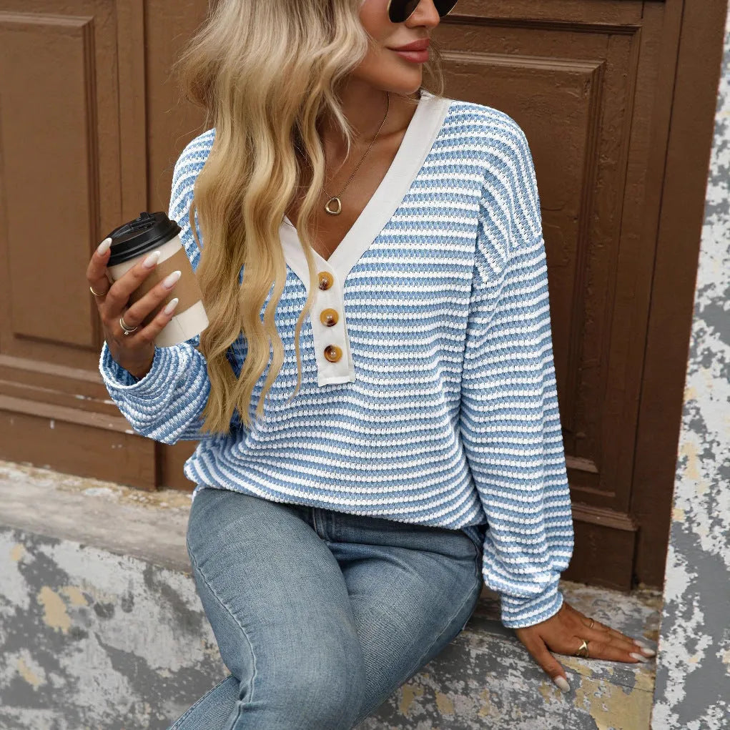 Women's loose-fitting V-neck long-sleeved top with patchwork detail in apricot colour