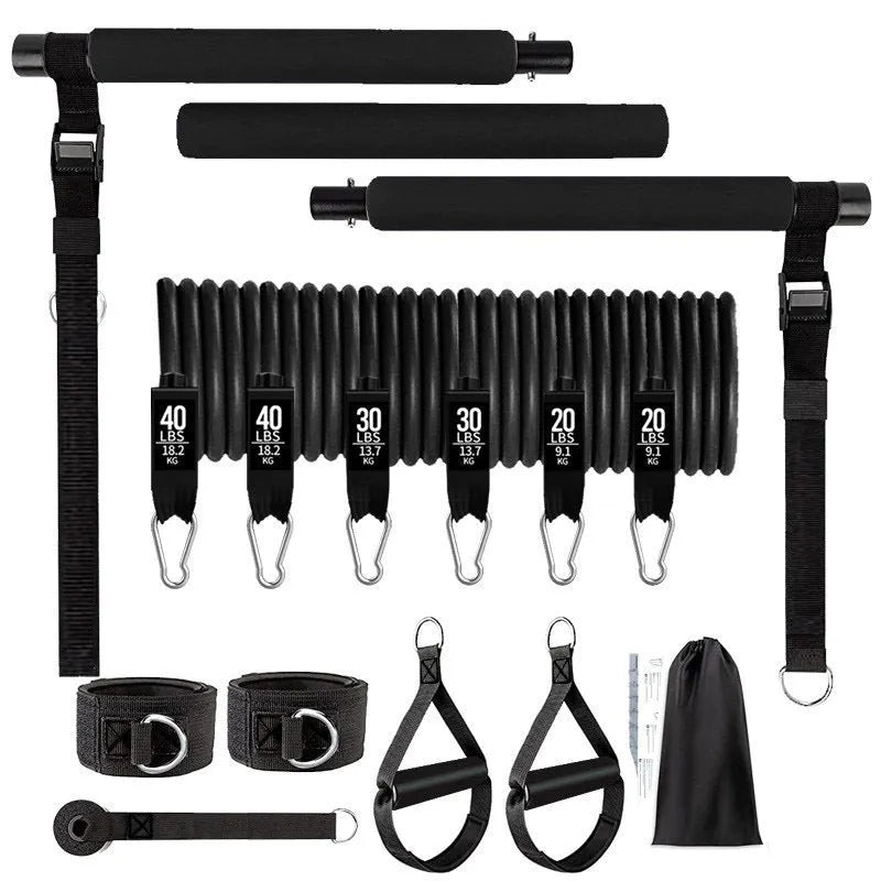 Yoga gymnastic bar with 180 pounds resistance band set in black or pink TPE material