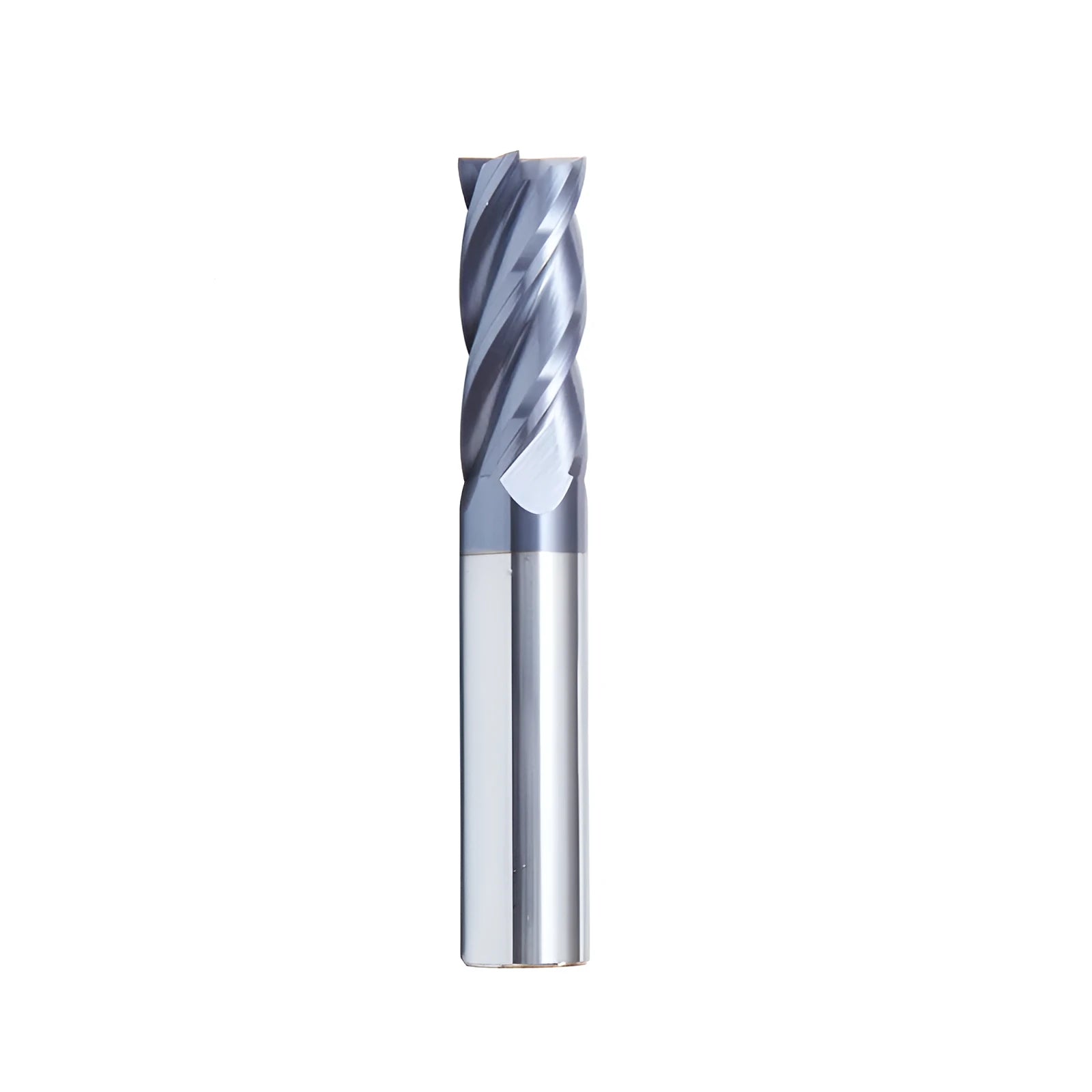 Carbide milling cutter with straight shank and spiral cutting edge showing four-slot design