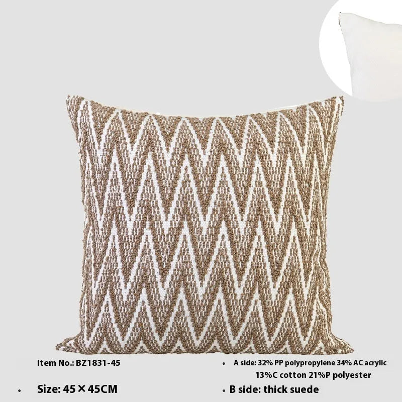 Chinese ancient style square pillow cushion in Maillard colours on a sofa.